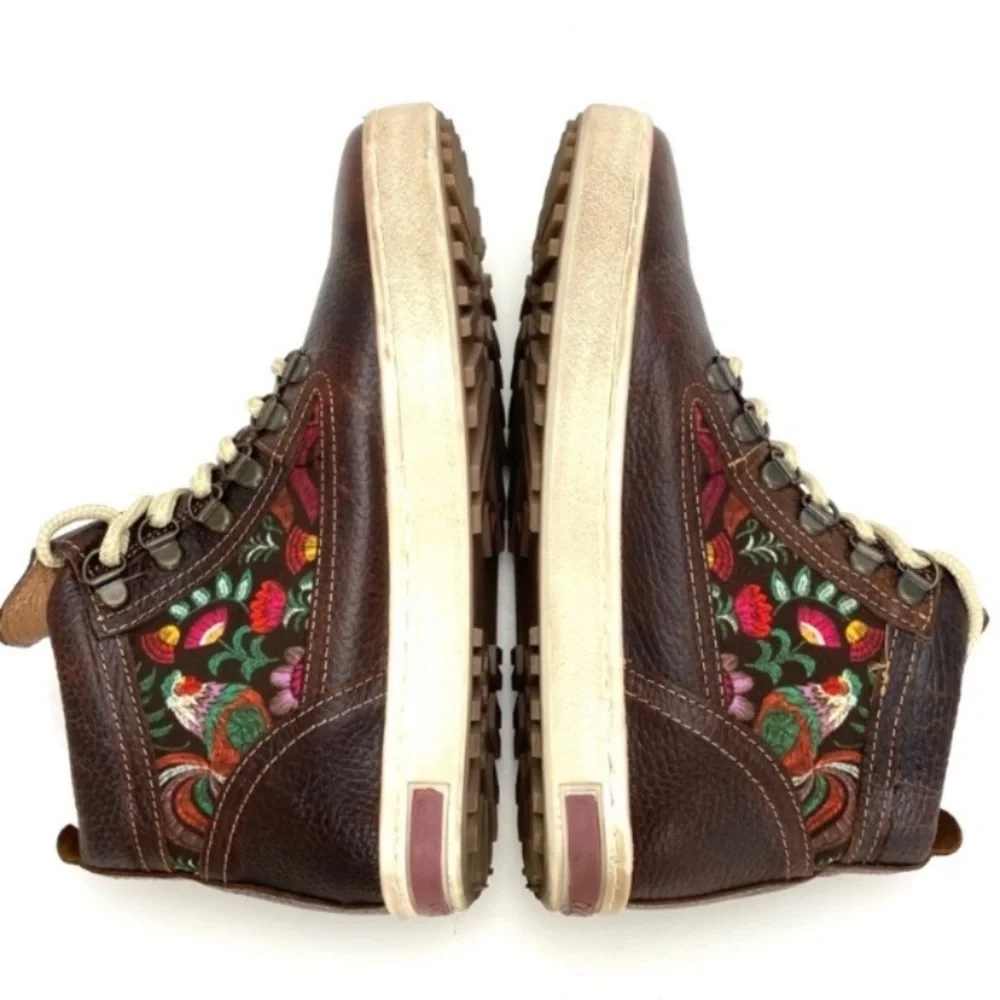 Inkkas Rooster Floral Camping Leather Hi Top Hiking Boot Sneakers Brown Size 8